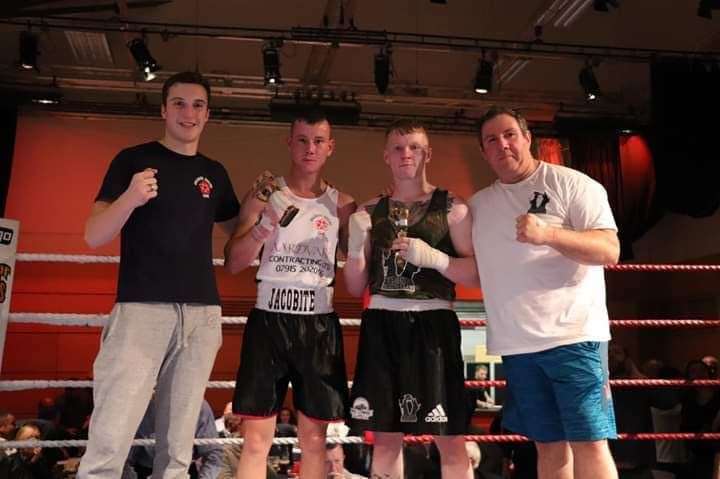 Luca Micheletti with top of the bill Tam Curley who won a unanimous desicion against Scott Moreland from Declaration 1320 from Arbroath at Jacobite Boxing Club's third show.