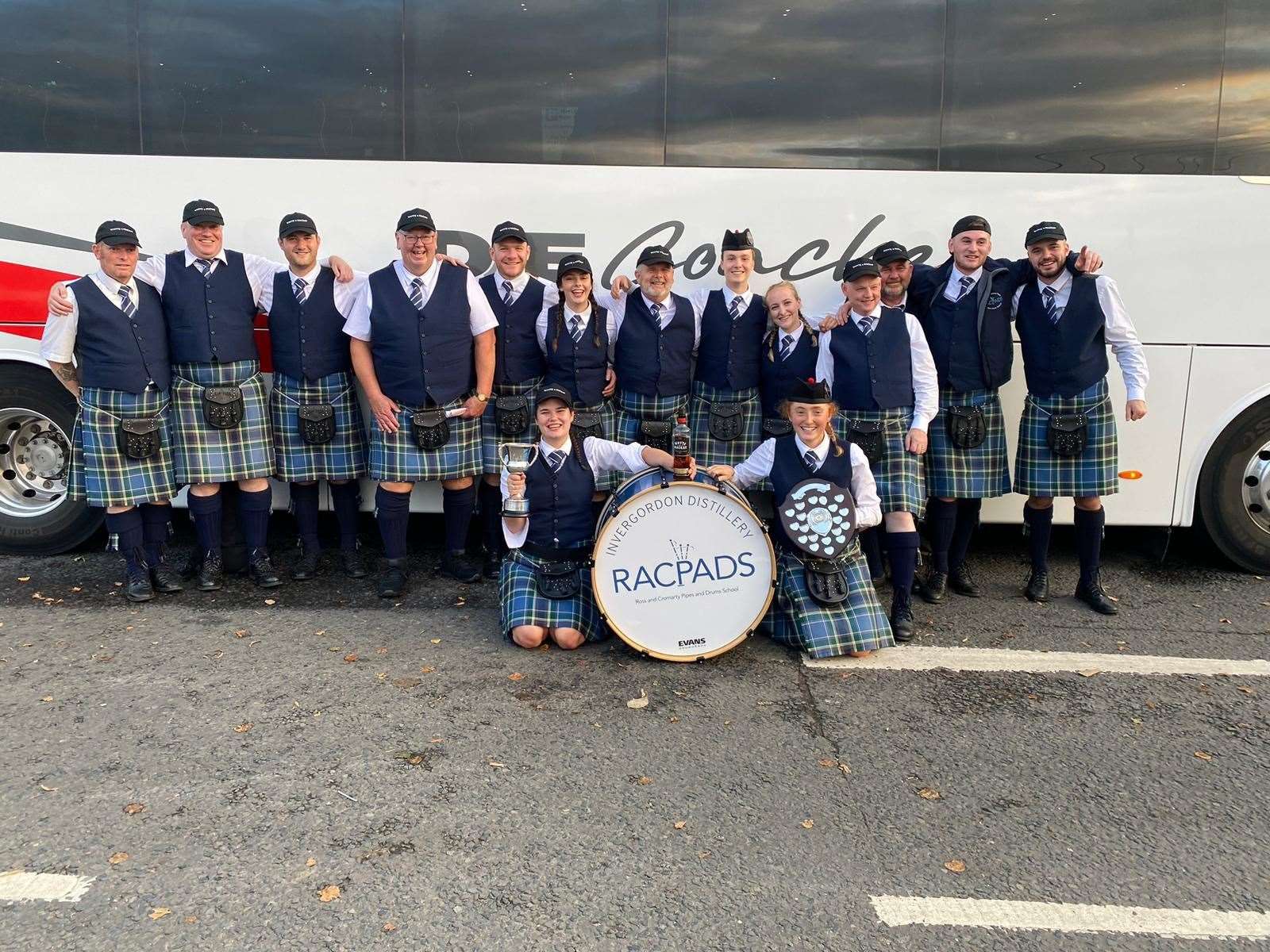 Ross and Cromarty Pipe and Drums band pose at the World Championships in Glasgow.