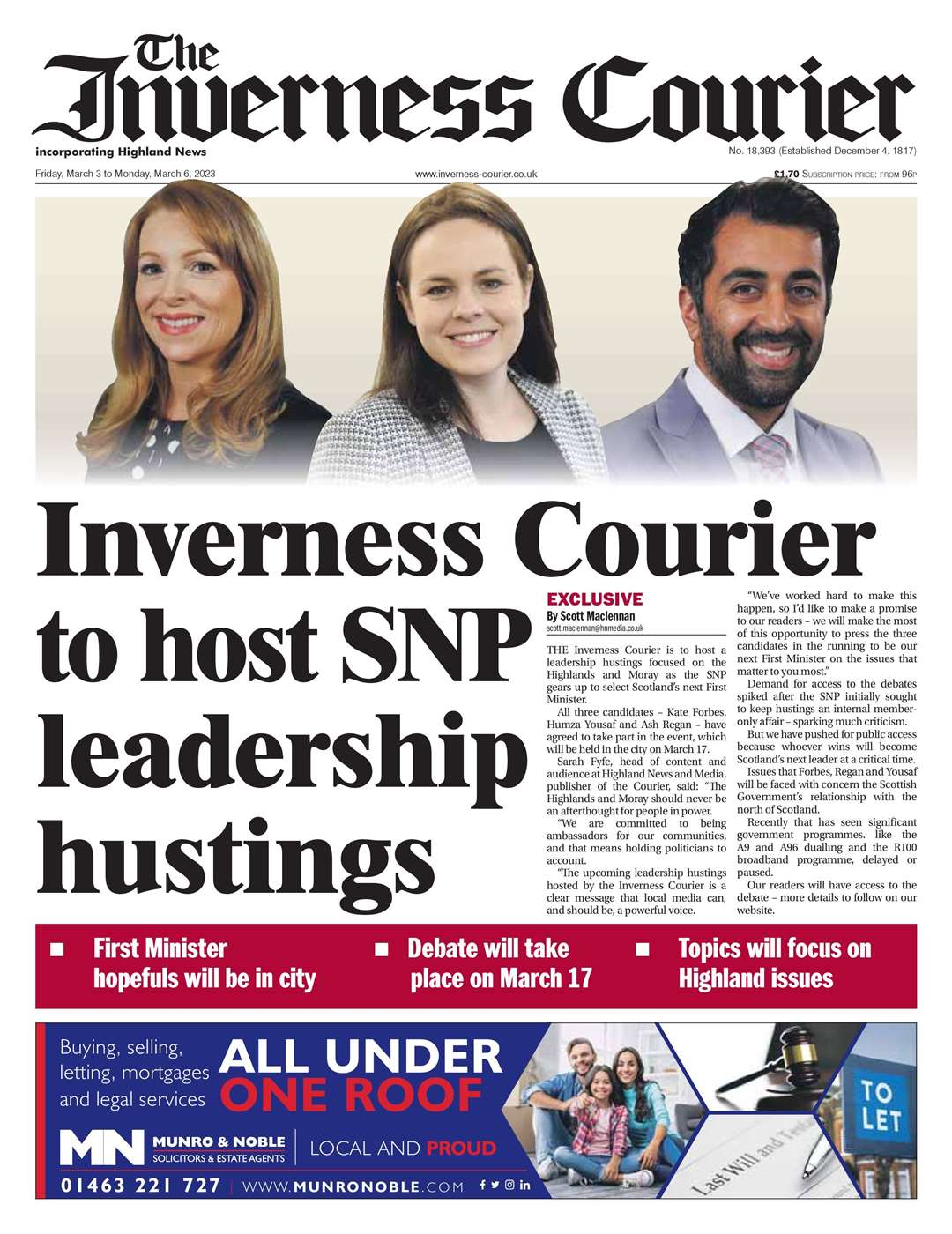 The Inverness Courier, March 3, front page.