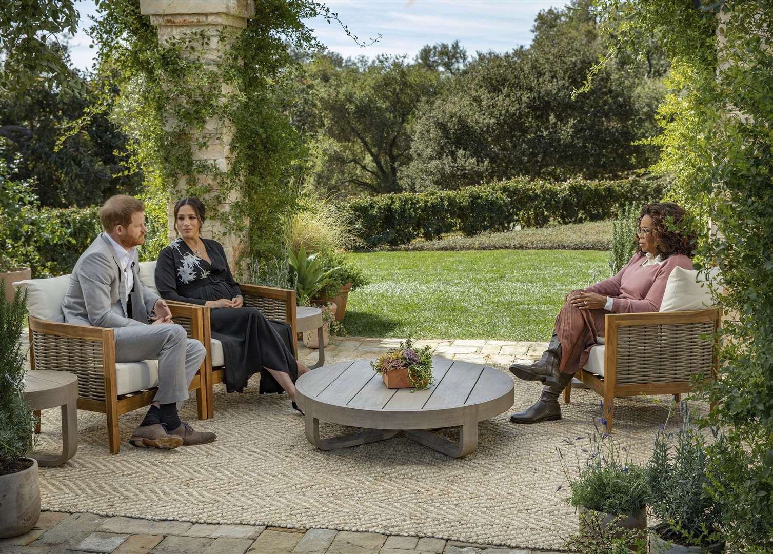 The Duke and Duchess of Sussex during their interview with Oprah Winfrey (Joe Pugliese/Harpo Productions/PA)
