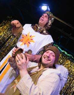 King Arthur (Trevor Nichol) and Patsy (Ashley Taylor) are on a quest for the Holy Grail in Spamalot. Photo: Alison White.