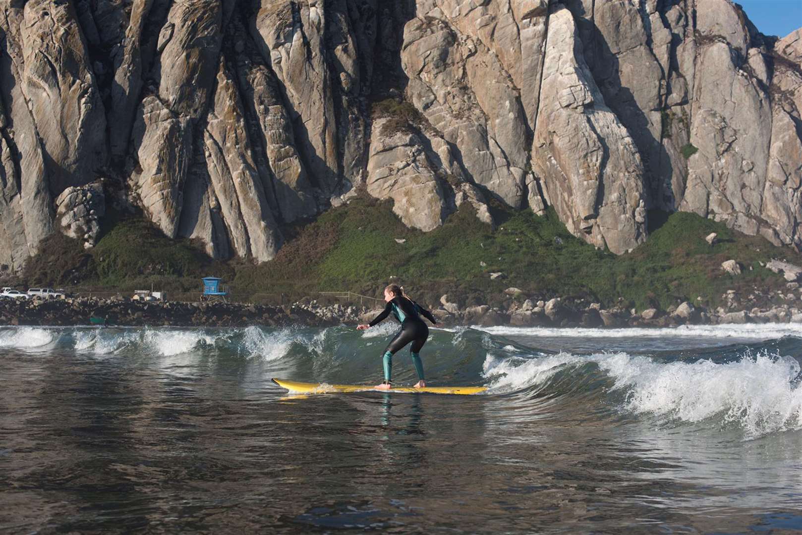 Liz Connor catching a wave in Morro Bay. Picture: PA Photo/Megan Hemsworth