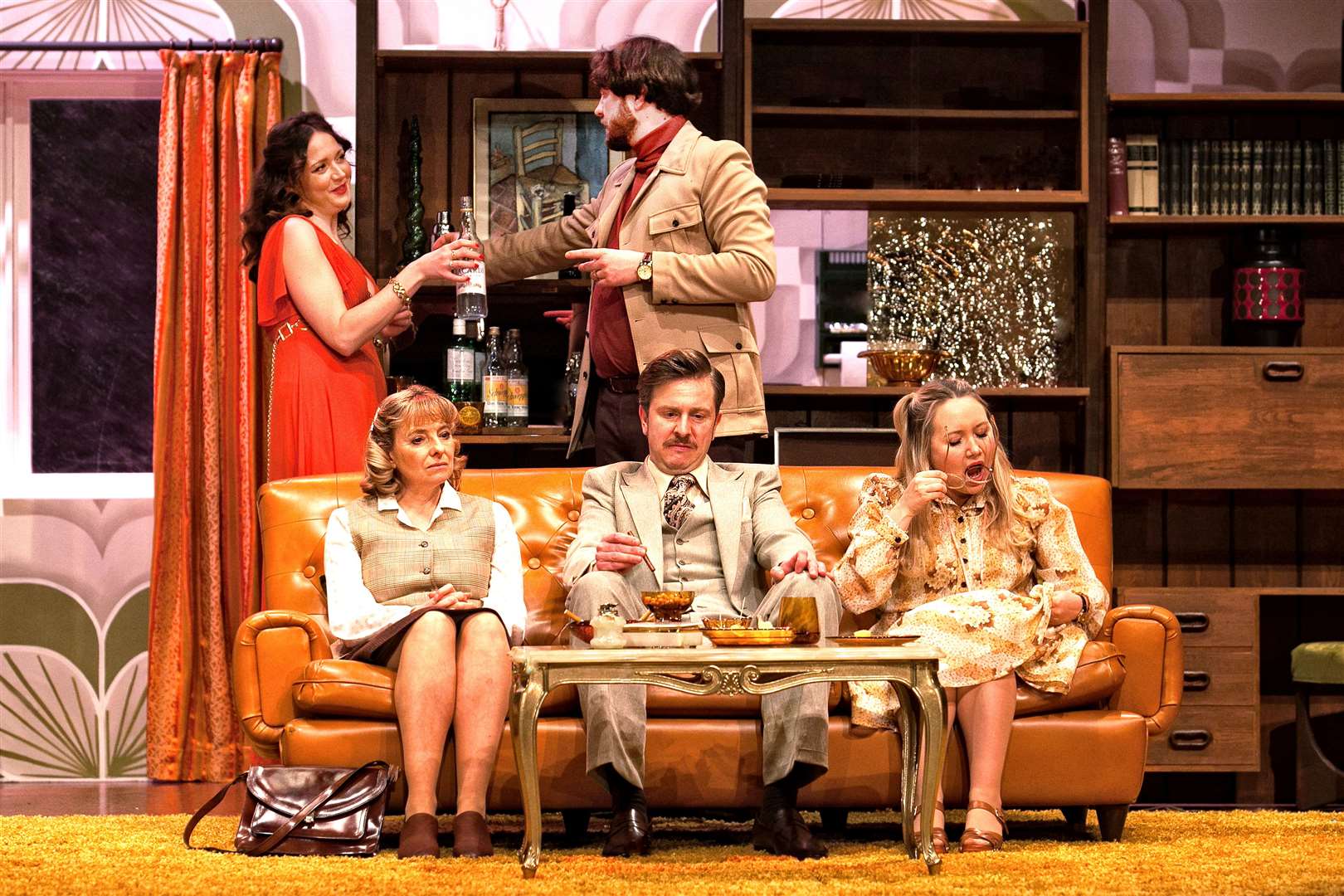 Standing – Rebecca Birch as Beverly and George Readshaw as Tony. On the sofa from left – Jo Castelton as Sue, Tom Richardson as Laurence and Alice De-Warrenne as Angela. Picture: S Burnett
