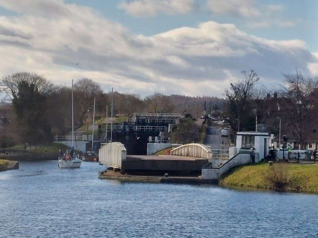 The Muirtown Bridge in open to boats mode.