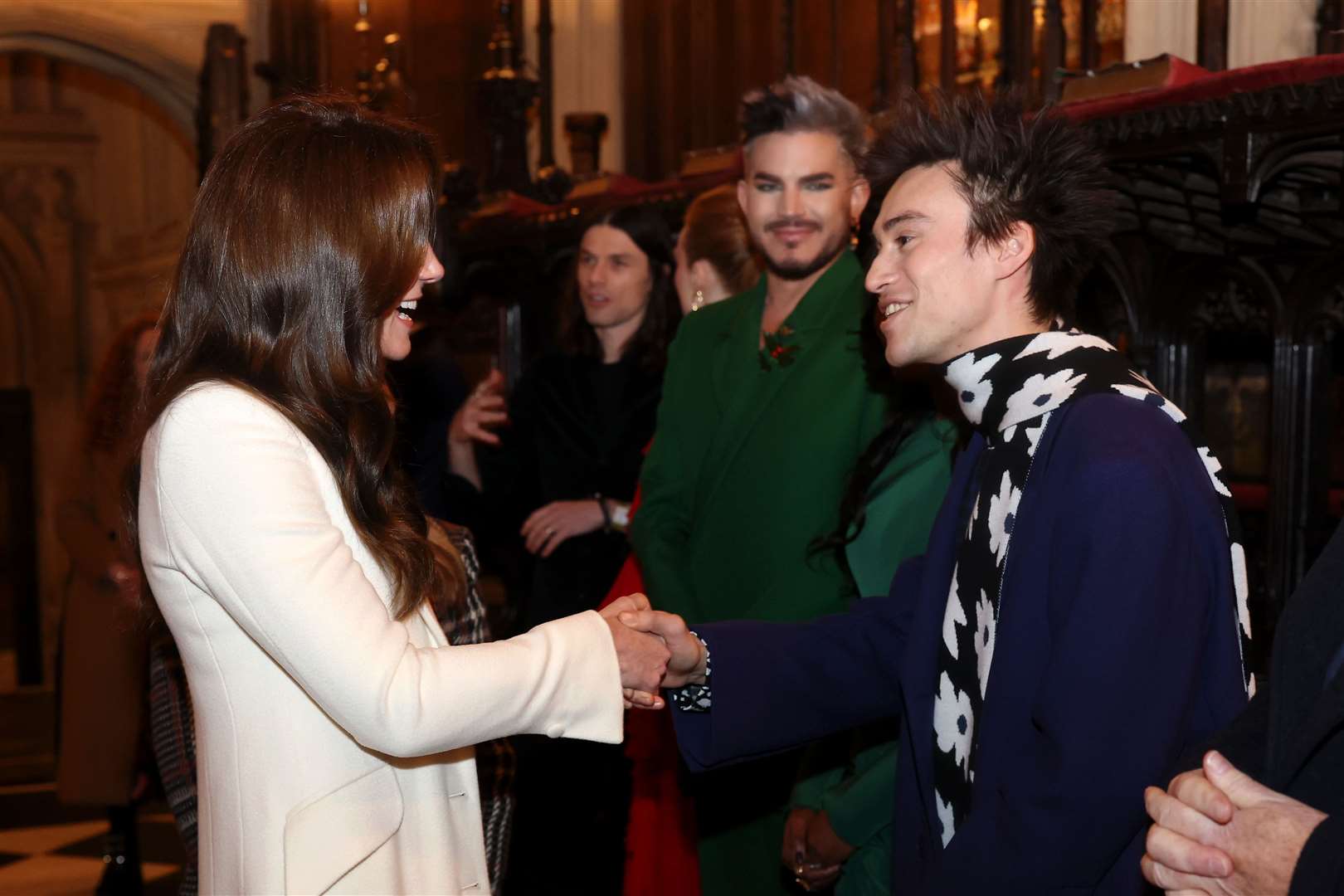 The Princess of Wales speaks to Jacob Collier and Adam Lambert before Collier performed at the service (Chris Jackson/PA)