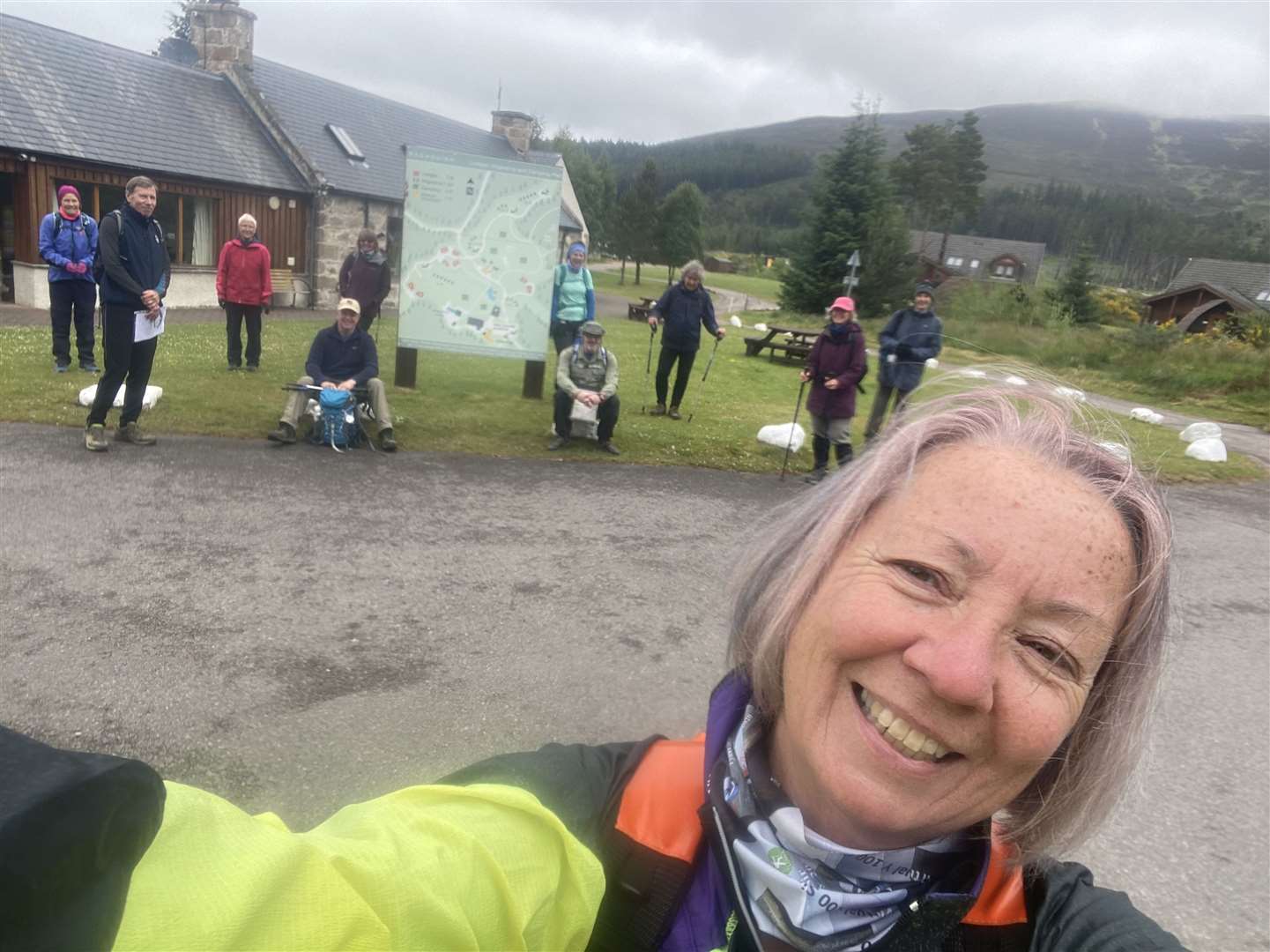 Julie Cribb with members of the local LDWA group at Badaguish outdoor centre in the Cairngorms, just about to set off for a walk.