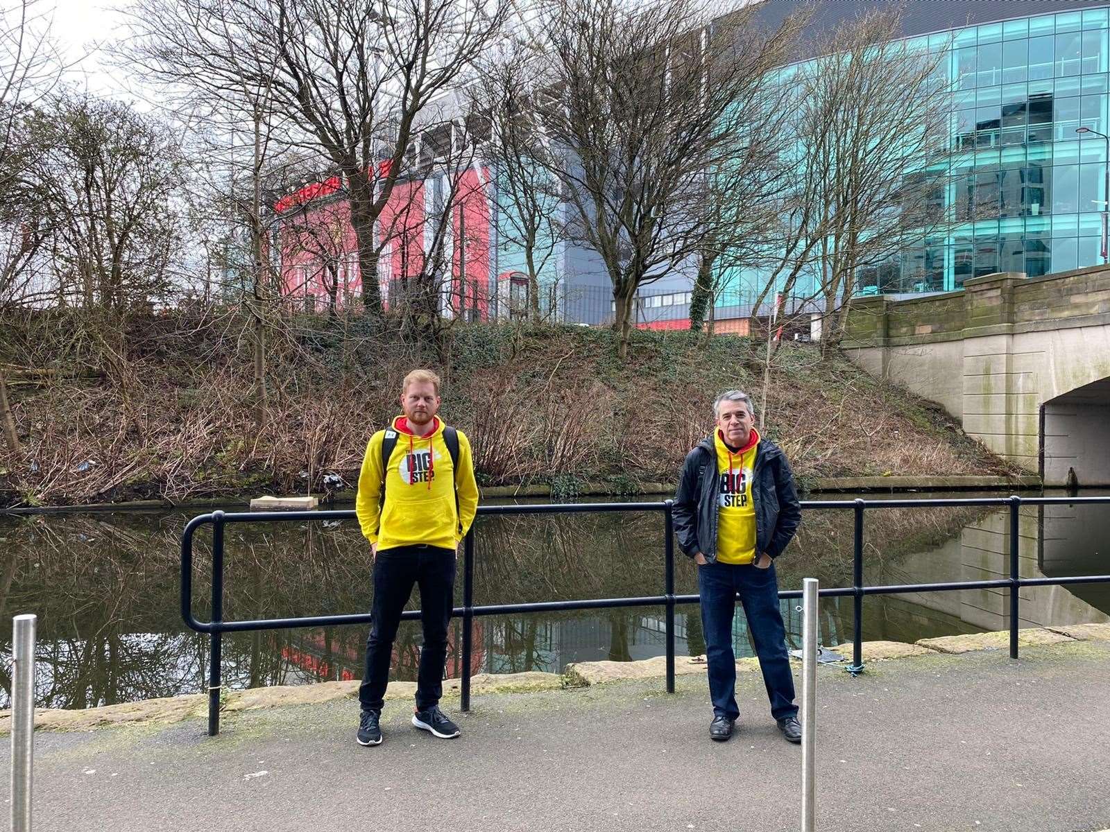 James Grimes (left) with Labour MP Jeff Smith on a walk to Old Trafford in 2021 (The Big Step/PA)
