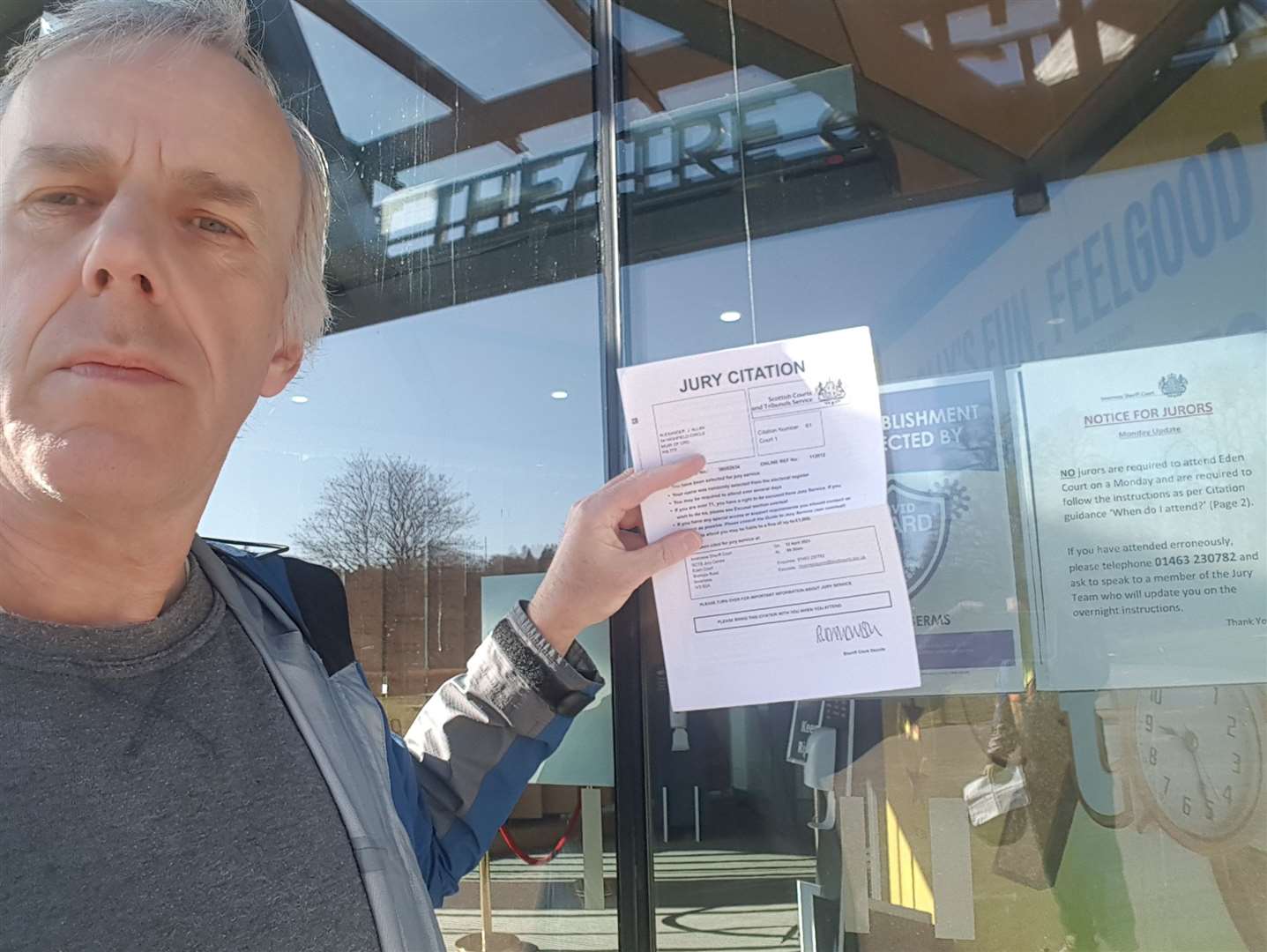 Alexander Allan, at Eden Court, with his "confusing" jury citation letter and the notice saying there is no need to attend on a Monday.