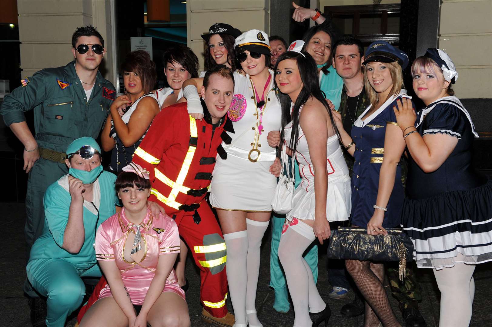 Emily Forbes (dressed as a sailor) and friends take to the town in fancy dress to celebrate her 21st birthday.