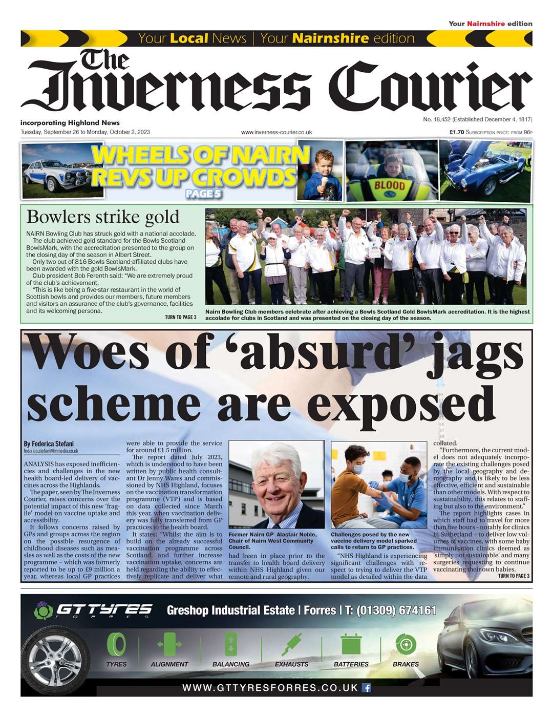 The Inverness Courier (Nairnshire edition), September 26, front page.