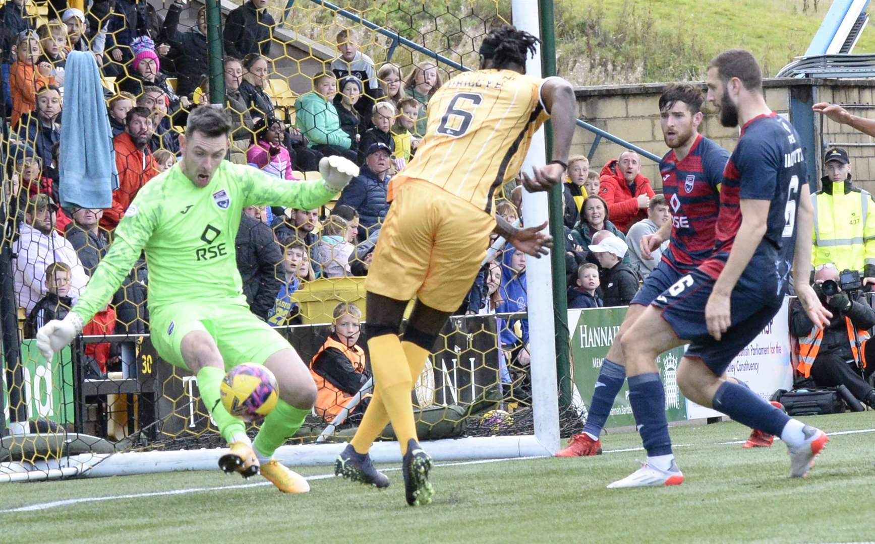 A super save from Ross County 'keeper Ross Laidlaw as he blocks a goal-bound shot from Livingston's Ayo Obileye. Picture: Callan Media.