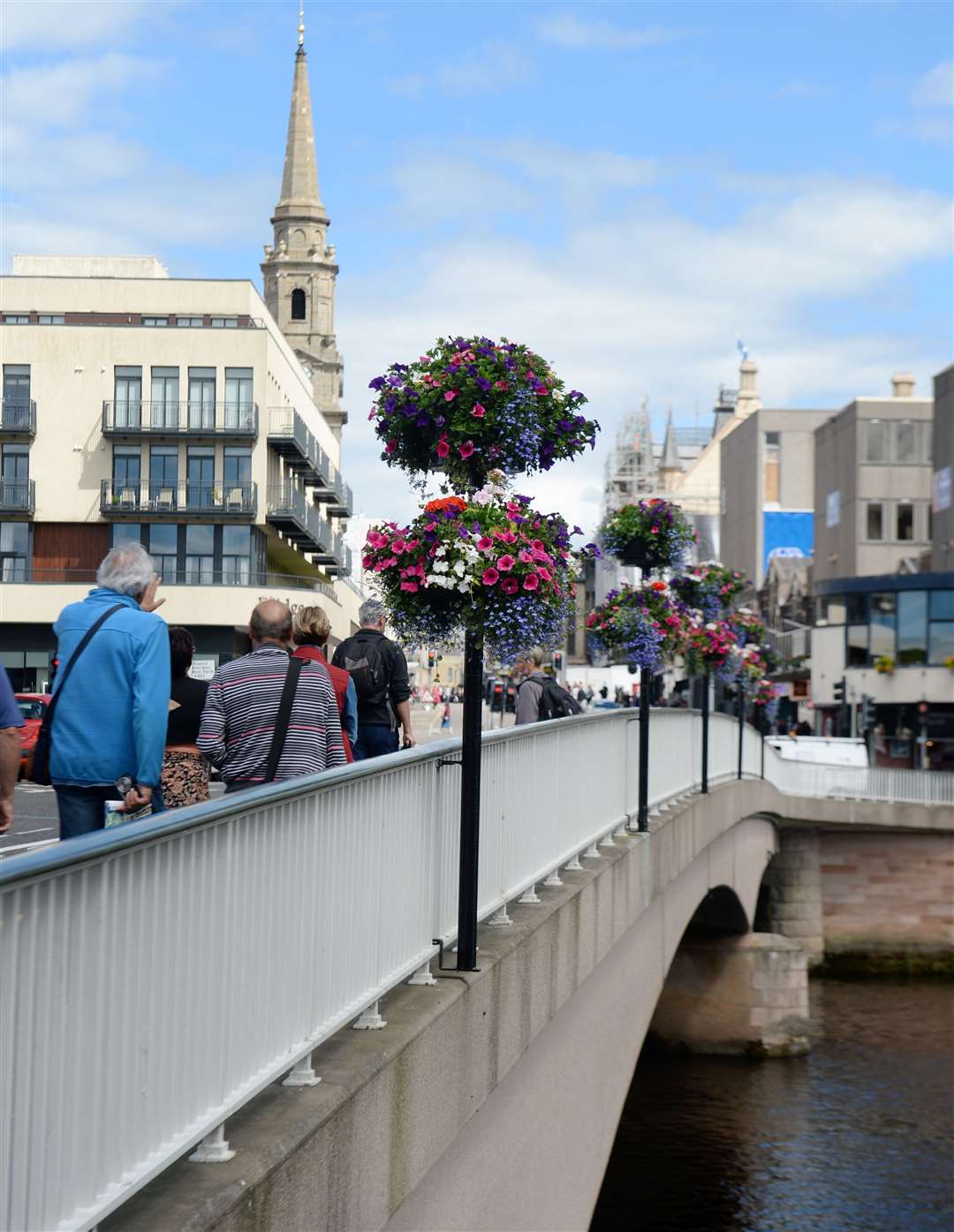 Floral displays on Ness Bridge in Inverness.
