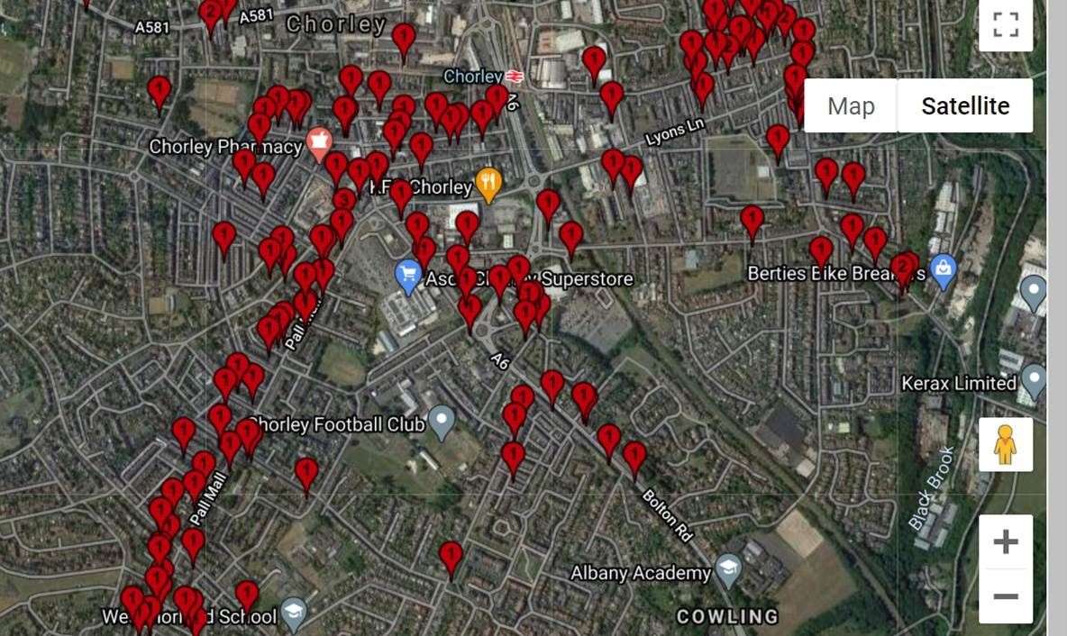 Interactive map shows where casualties of First World War lived in Chorley, Lancashire (Google Earth/PA)
