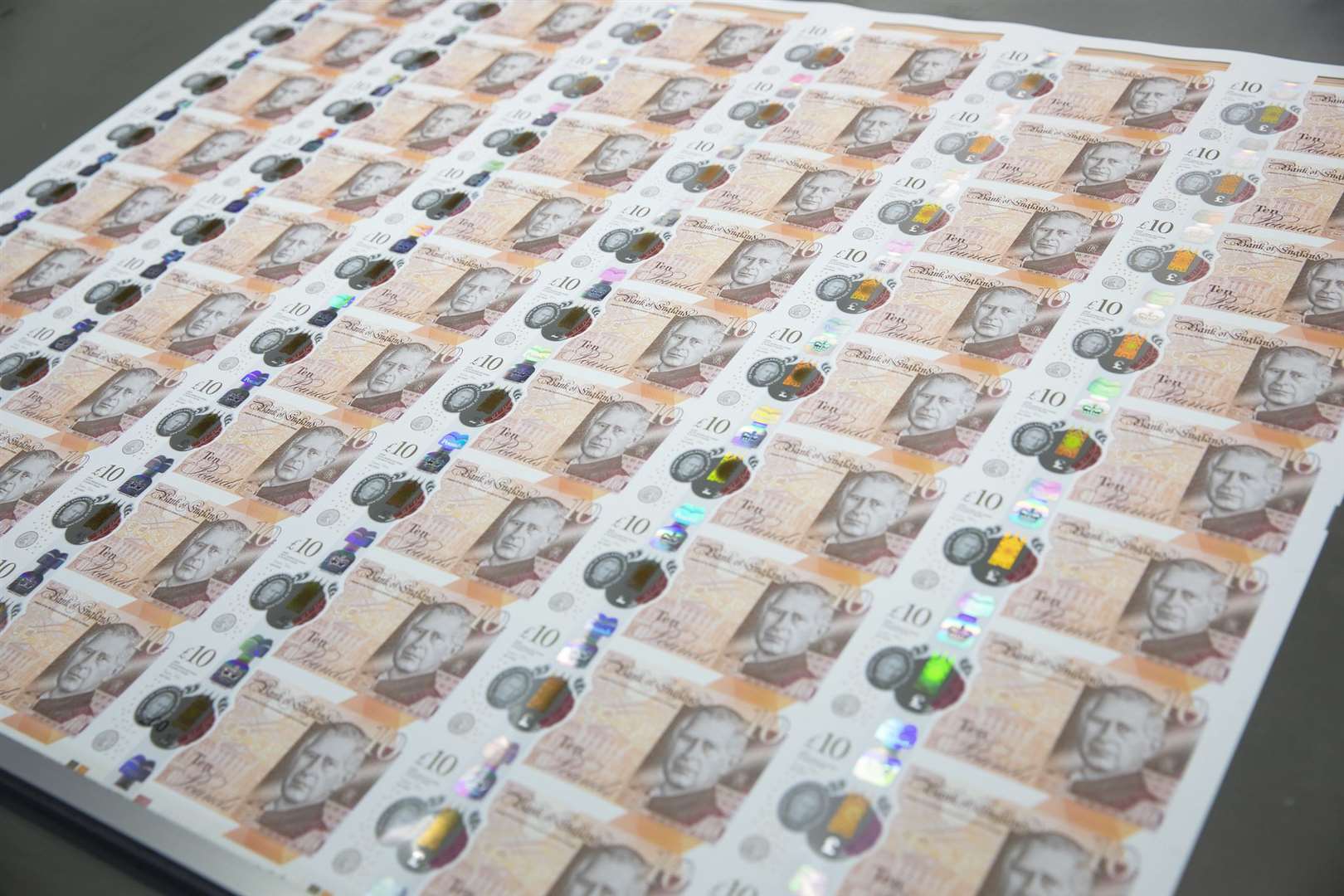 Production of the new King Charles £10 note, which will enter circulation in June (Bank of England/PA)