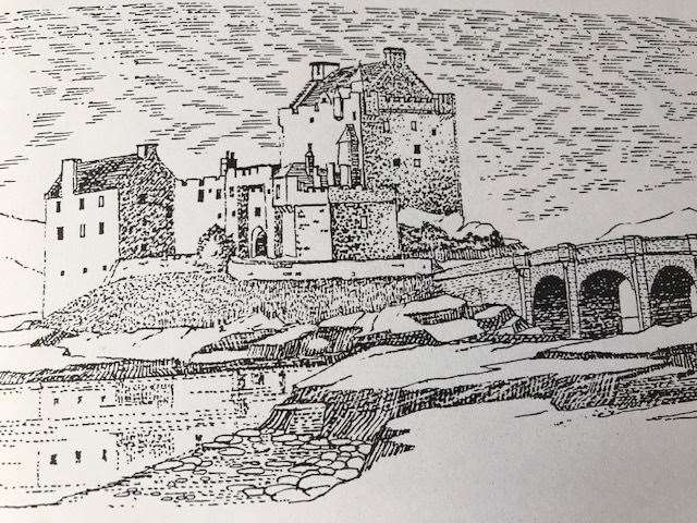 Eilean Donan Castle by Dornie. Artwork by Gordon Harvey.