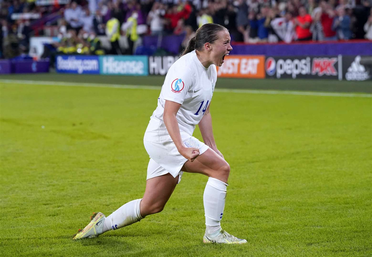 England’s Fran Kirby celebrates scoring their side’s fourth goal of the game during the Women’s Euro 2022 semi-final match at Bramall Lane in Sheffield (Danny Lawson/PA)