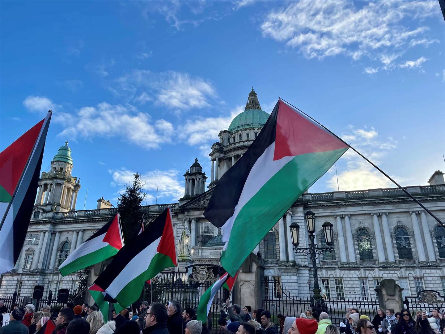 People take part in a pro-Palestine march and rally at Belfast City Hall (David Young/PA)