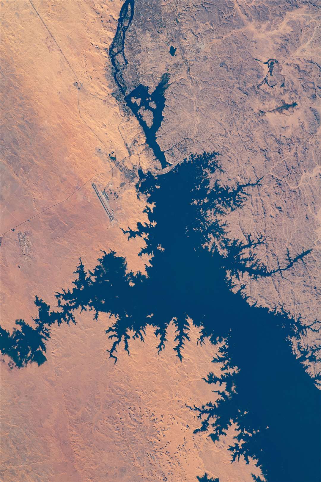 Pictured from the International Space Station, the Aswan Dam in Egypt separates Lake Nasser from the Nile River. Picture: NASA/Wikimedia Commons
