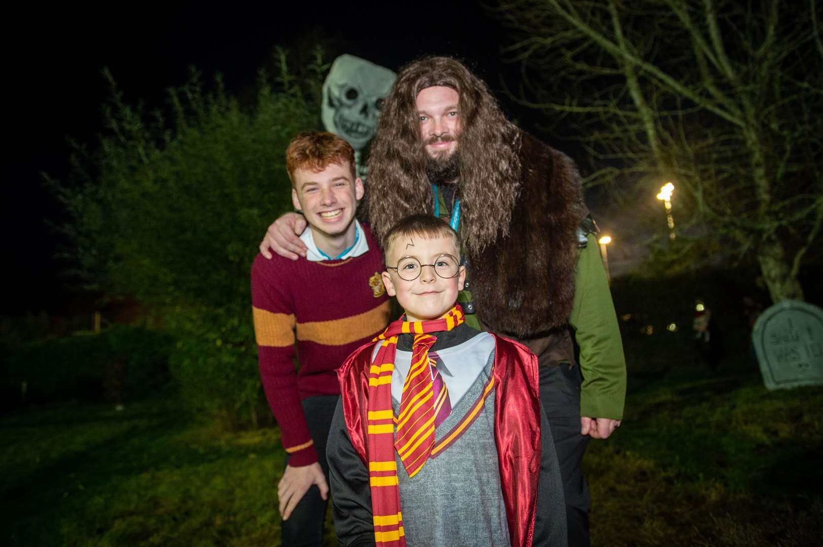 BOOtanics at the Botanic Gardens, Inverness. Light up trail event, where there are spooky decorations...Harry Potter fan Cohen Thain with Drai and Ben Senior...Picture: Callum Mackay..