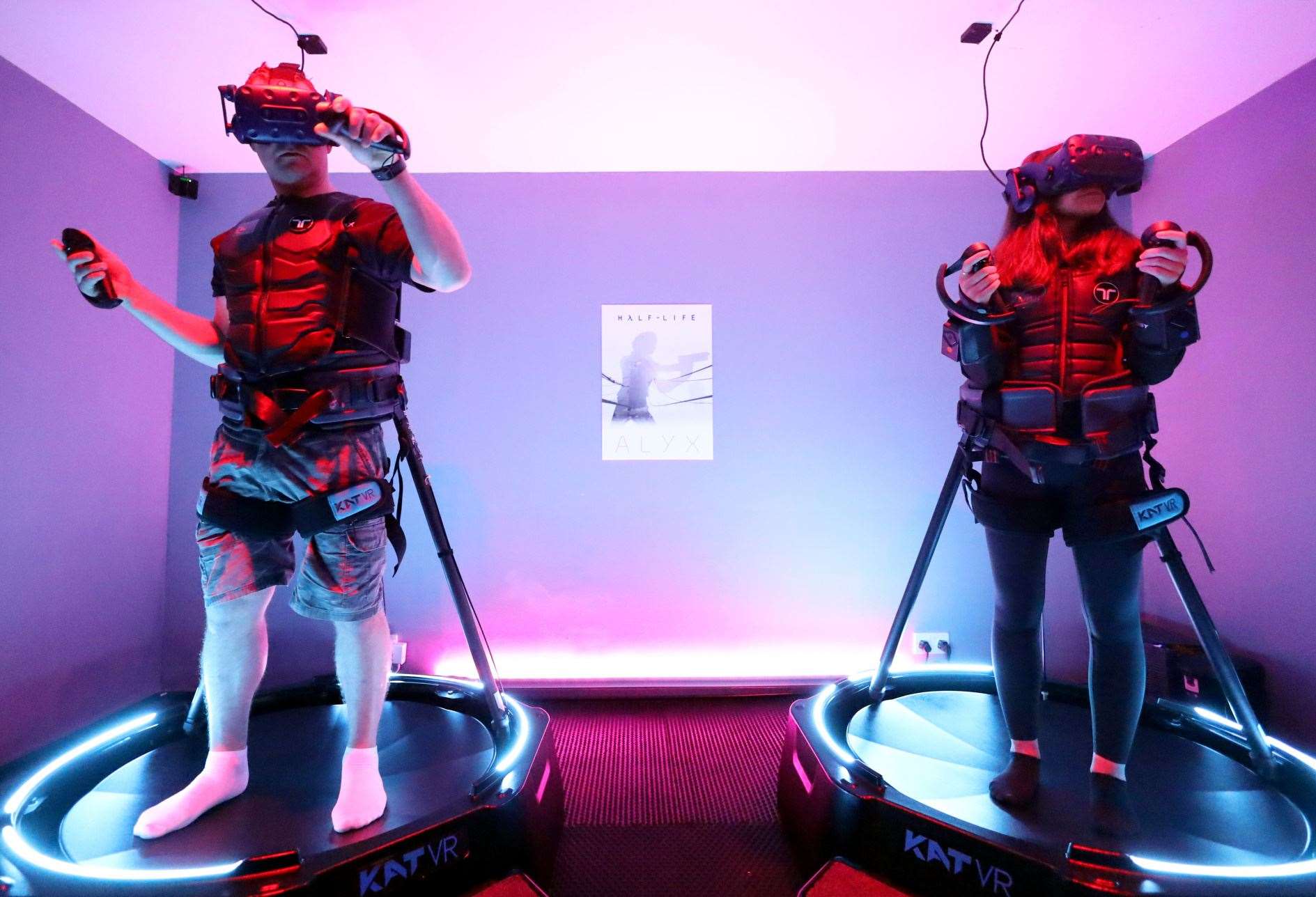 Chris Rabiej and Macey Rodden on VR treadmills.  Pictured: James Mackenzie.