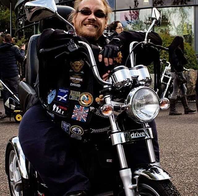 David's trike was designed to look like one of his beloved Harley Davidsons.