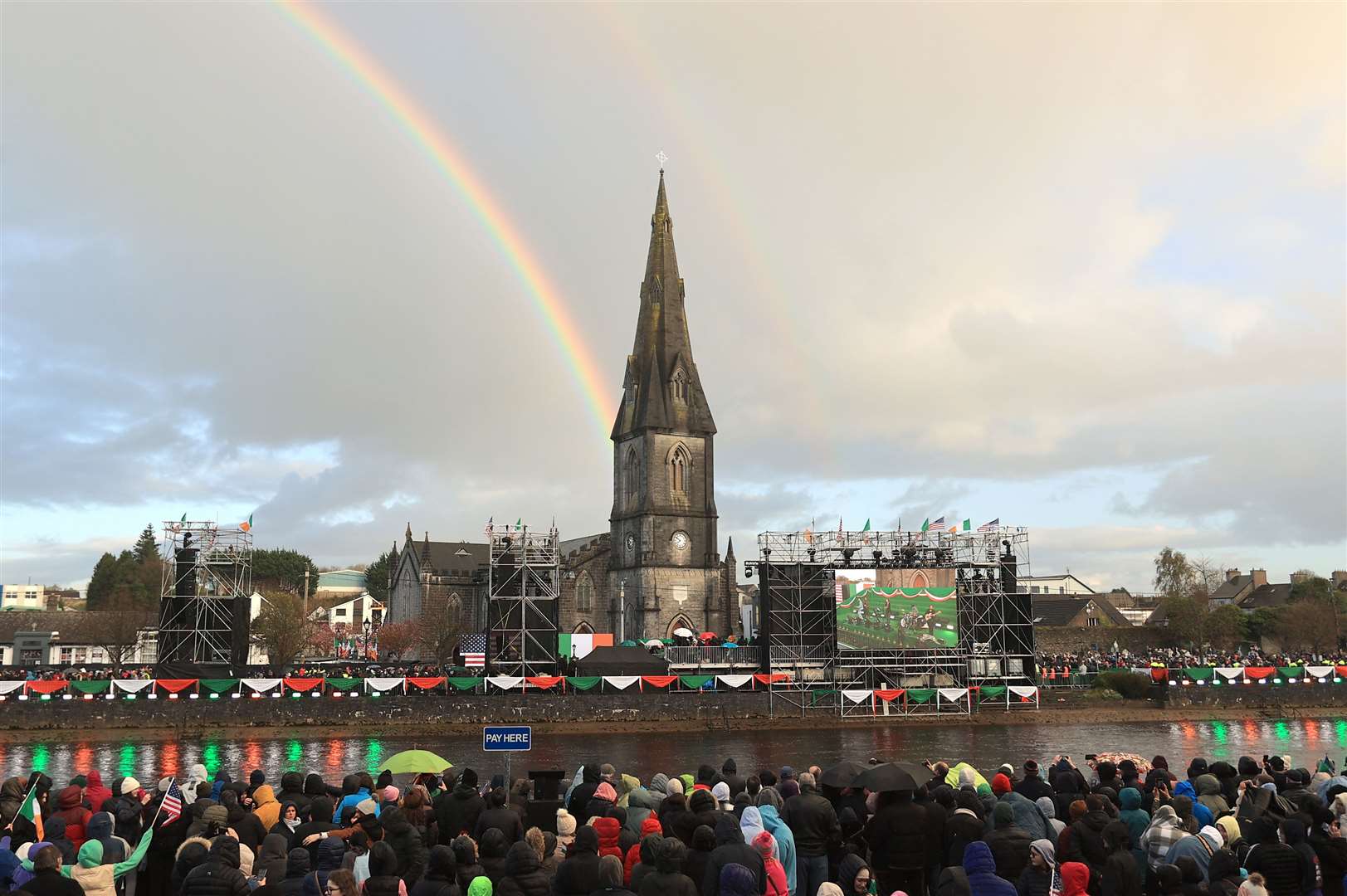 A rainbow appears before Mr Biden delivered a speech at St Muredach’s Cathedral in Ballina (Liam McBurney/PA)