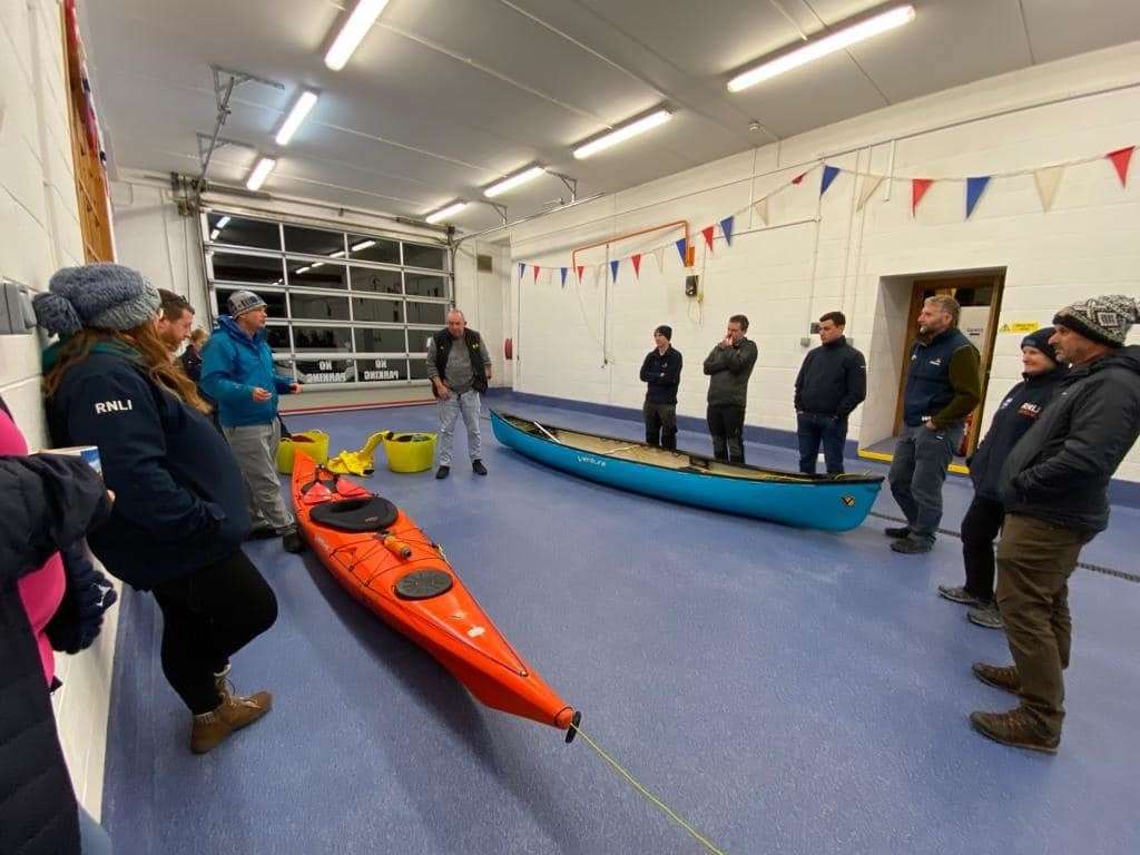The evening featured tips on kayak recovery, as well as advice on the types of equipment usually kept aboard canoes. Picture: RNLI Kessock.