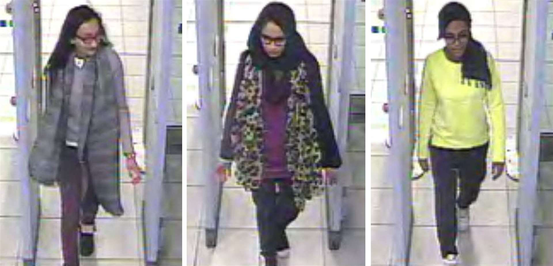 Kadiza Sultana, Shamima Begum and Amira Abase pictured as they fled to Syria (Metropolitan Police/PA)