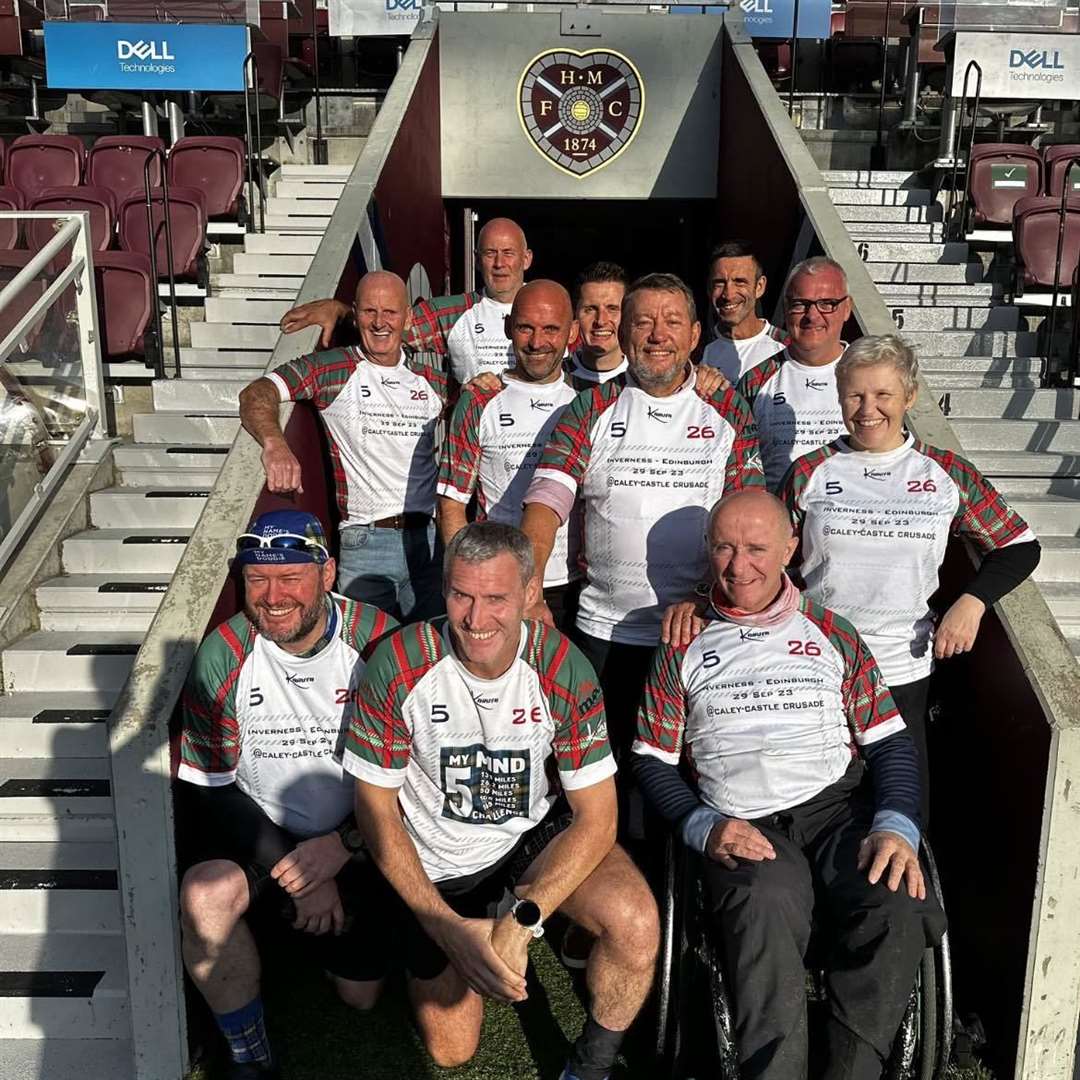 Team Caley to Castle after completing the 165-mile jourmney at Tynecastle Stadium, Edinburgh
