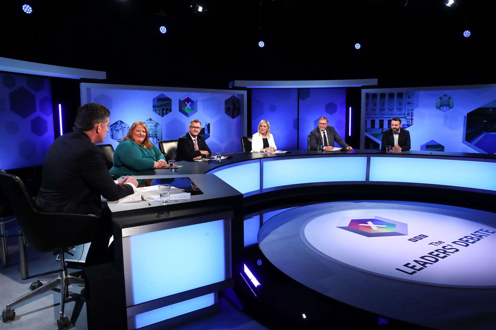Naomi Long, Sir Jeffrey Donaldson, Michelle O’Neill, Doug Beattie and Colum Eastwood during the BBC Northern Ireland leaders debate (William Cherry/Presseye/PA)