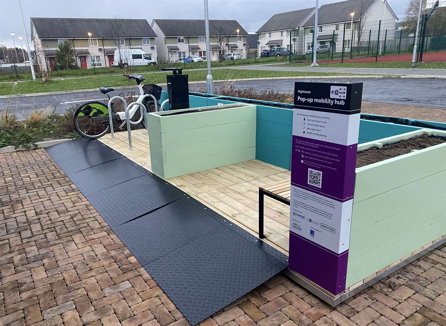 The pop-up mobility hub at Merkinch Primary School is the size of one large car.