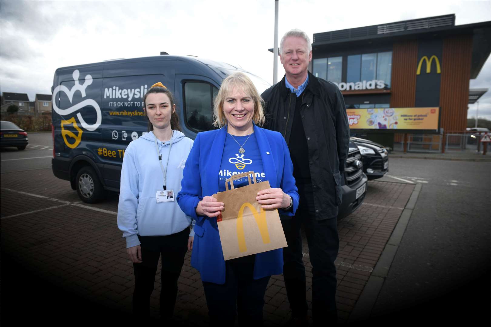 Ami McCarle, Support Worker, Emily Stokes, Mikeysline Chief Executive and Craig Duncan, McDonalds Franchisee. Picture: James Mackenzie.