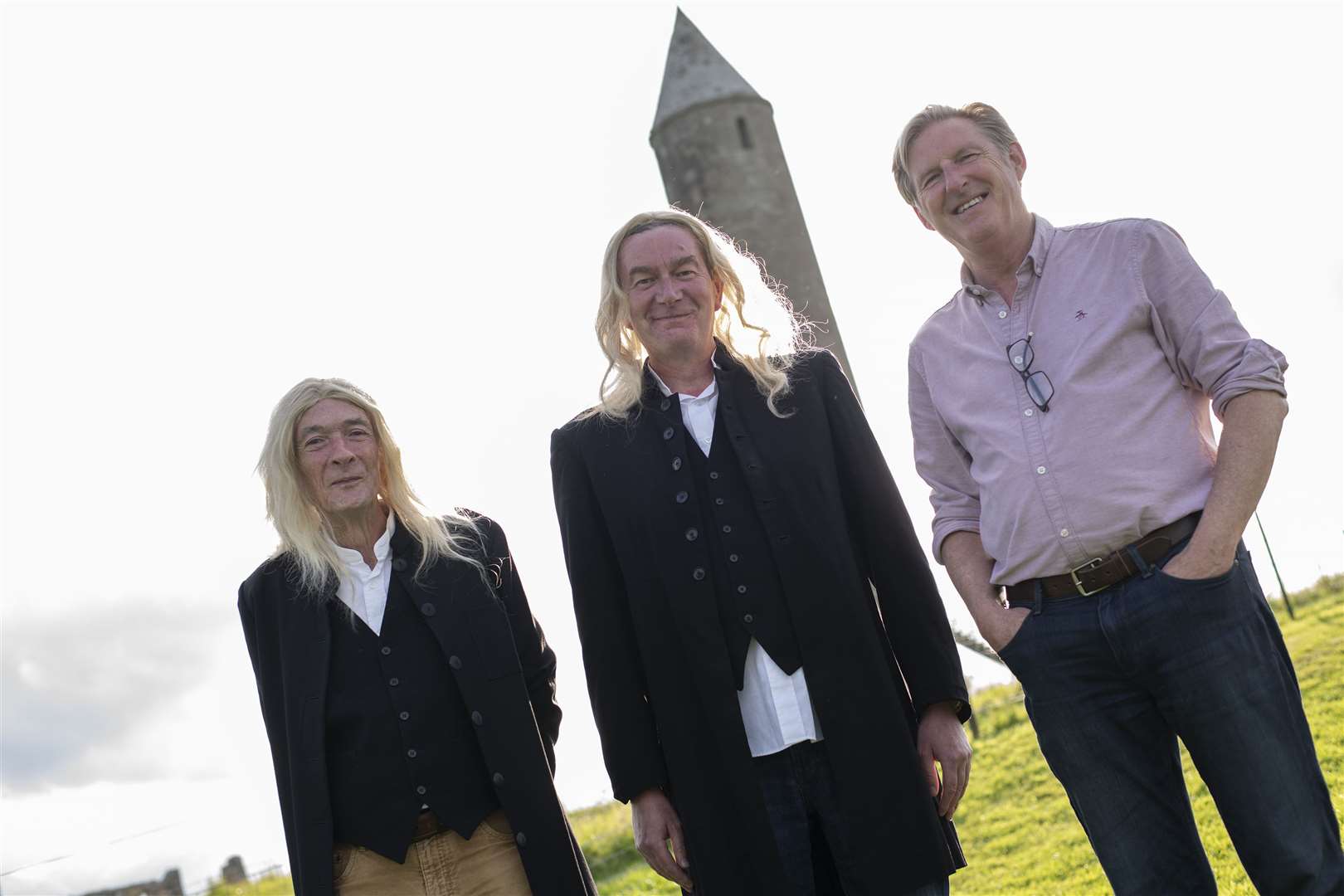 Lalor Roddy, left, and Vincent Higgins pictured with Adrian Dunbar ahead of their performance of Ohio Impromptu on Devenish Island (Cordula Treml/PA)