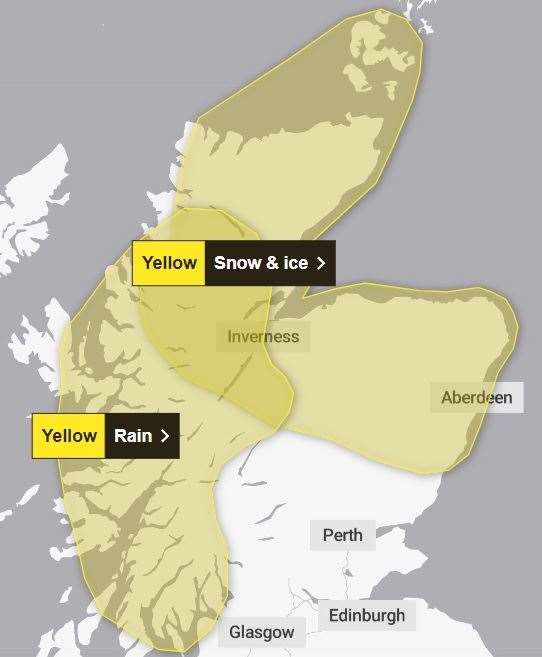 The areas covered by the new rain alert and an existing separate yellow warning for snow and ice. Picture: Met Office.