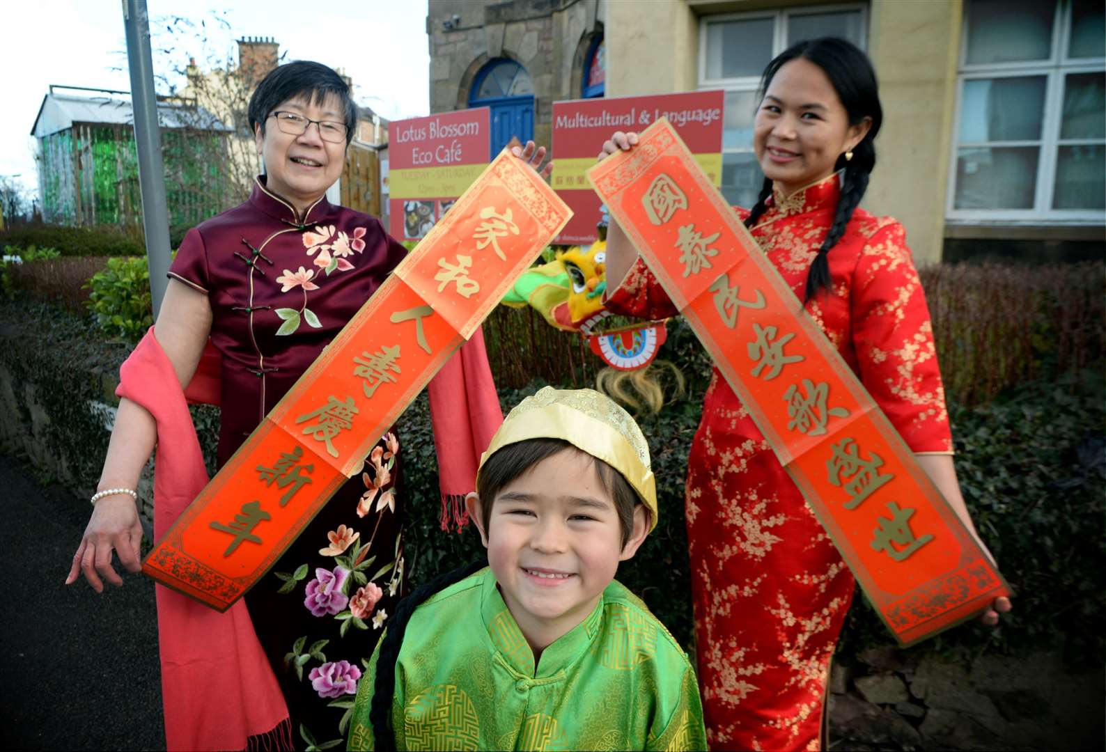 Charlie Haywood joins Monica Lee-Macpherson, SHIMCA chairperson (left) and Tina Cui, cafê manager, at the SHIMCA Eco Café on Ardconnel Terrace to welcome the Chinese New Year. Picture: James Mackenzie.