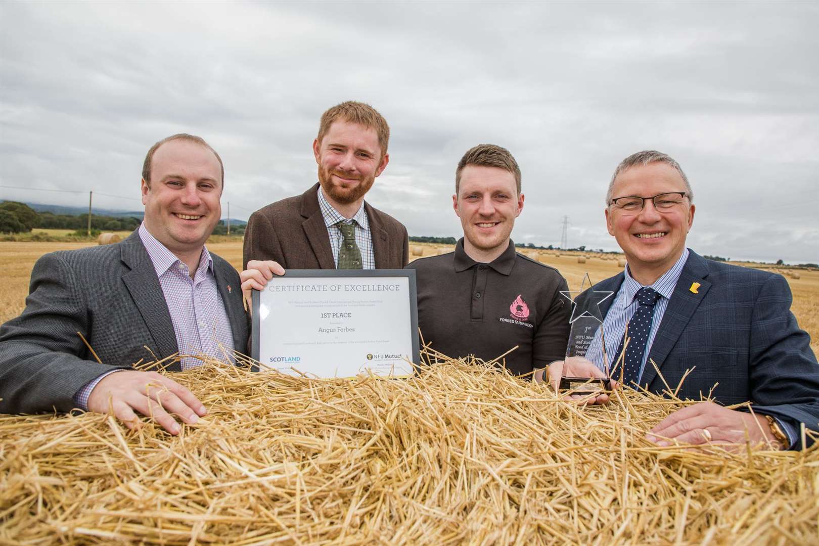 Scotland Food & Drink/NFU Mutual – Inspirational Young Person Award 2019 Gus Forbes receives his award from Jonny Hogg, Agent at NFU Mutual and Brian Lochhead, Sales Manager at NFU Mutual also pictured (left) Gary MacDonald, Business Development Manager, Scotland Food & Drink