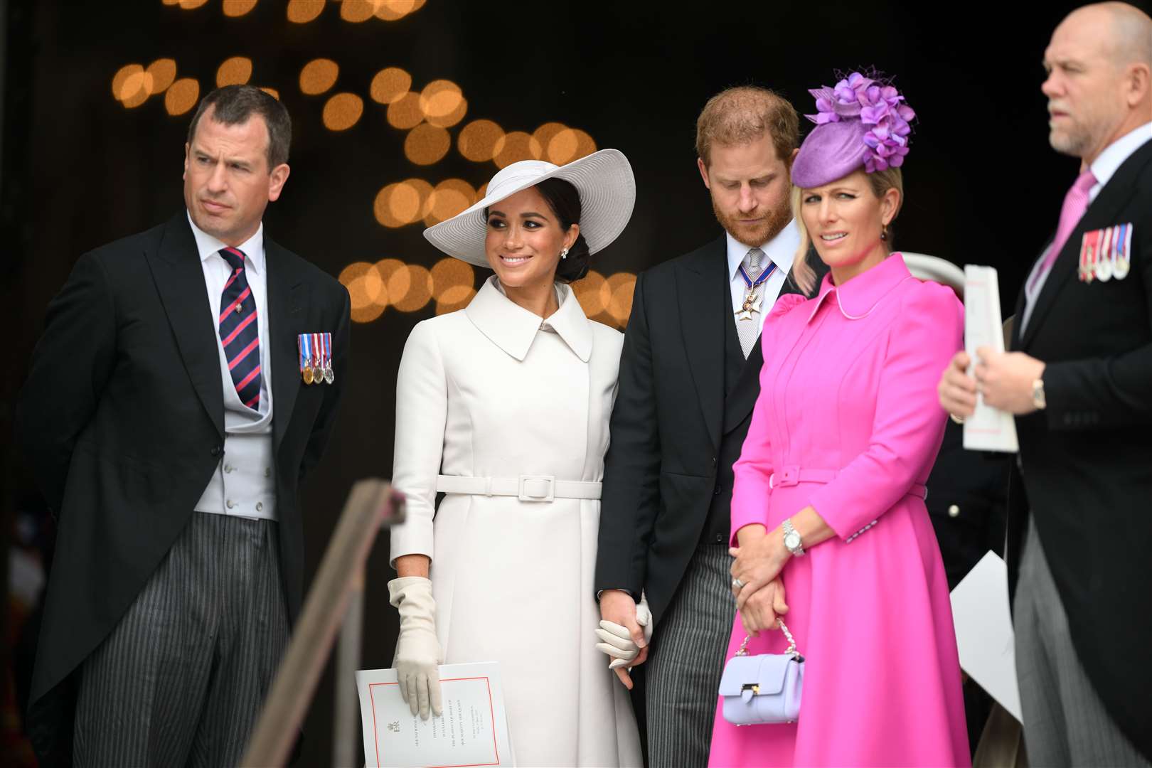 Peter Phillips, the Duke and Duchess of Sussex, and Zara and Mike Tindall, leaving the National Service of Thanksgiving at St Paul’s Cathedral, on day two of the Platinum Jubilee celebrations (Daniel Leal/PA)