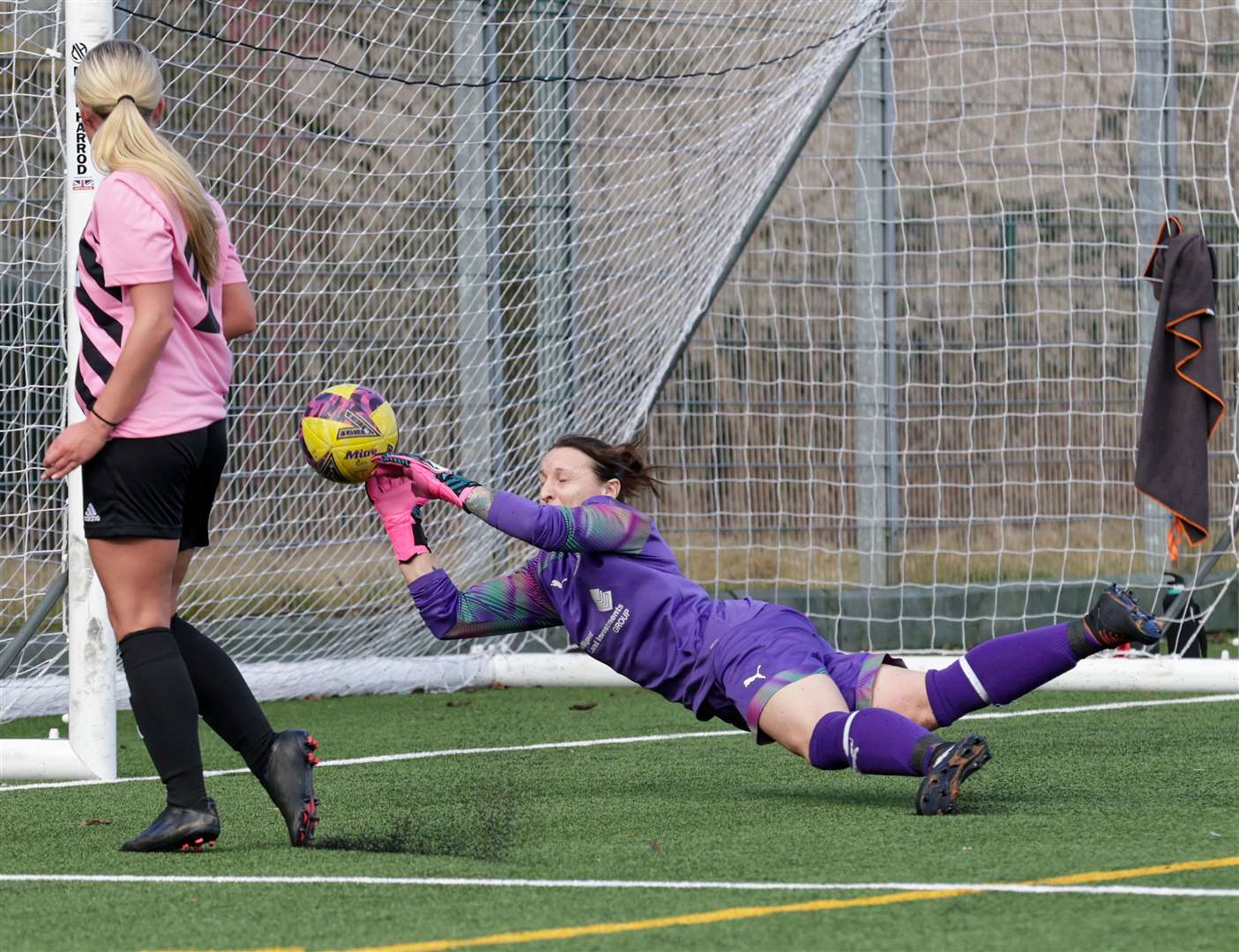 Caley Thistle Women goalkeeper Jen Horrocks at close to full stretch to deny Westdyke's Emily Dalgetty in the Highland capital. Picture: Donald Cameron/Sportpix