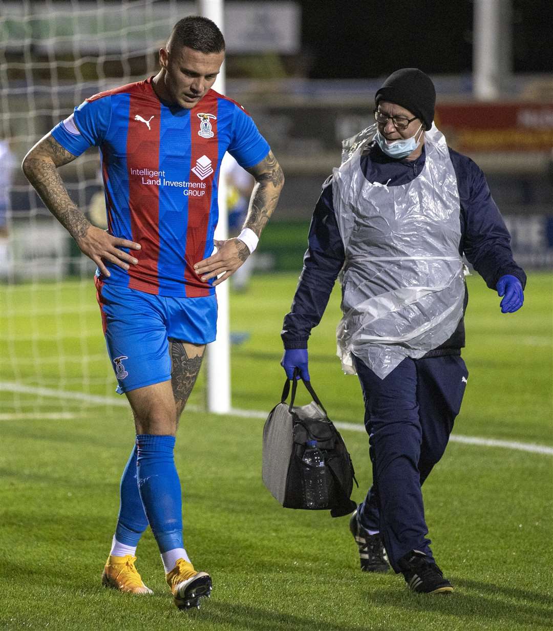 Picture - Ken Macpherson, Inverness. Betfred Cup Matchday 3 Inverness CT v Cowdenbeath. 13.10.20. ICT’s Miles Storey is forced off early in the first half with an injury.