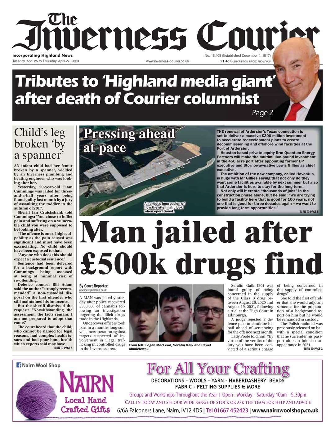 The Inverness Courier, April 25, front page.