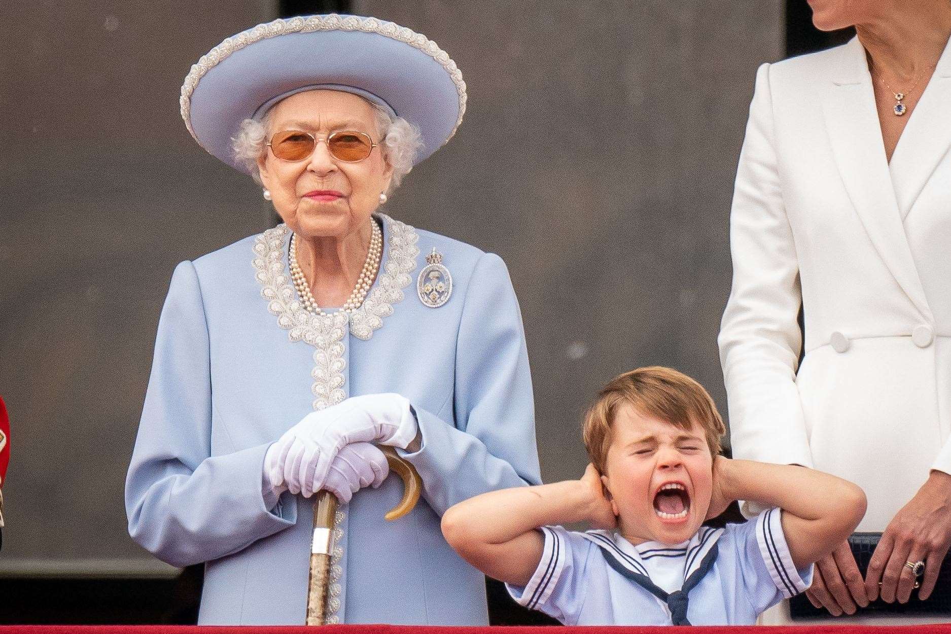 The late Queen and her great-grandson Prince Louis on the balcony of Buckingham Palace after the Trooping the Colour ceremony during the Platinum Jubilee weekend (Aaron Chown/PA)
