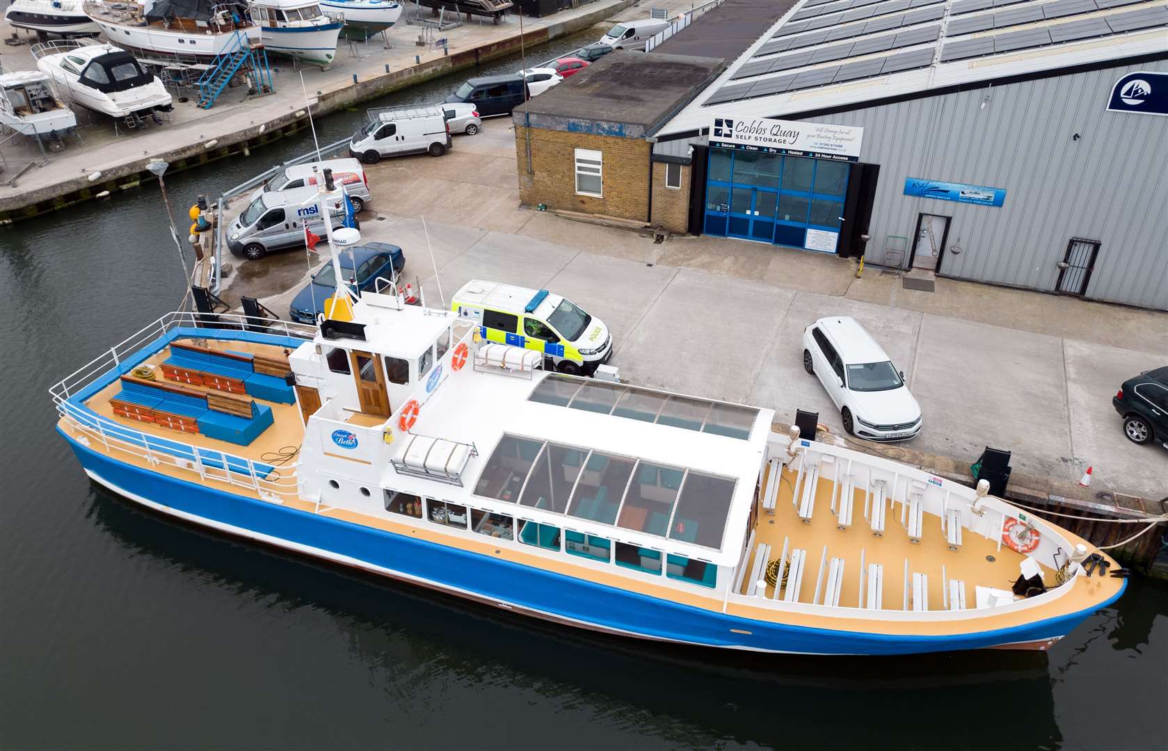 A cruise boat called the Dorset Belle, which was impounded at Cobb’s Quay Marina in Poole, Dorset (PA)