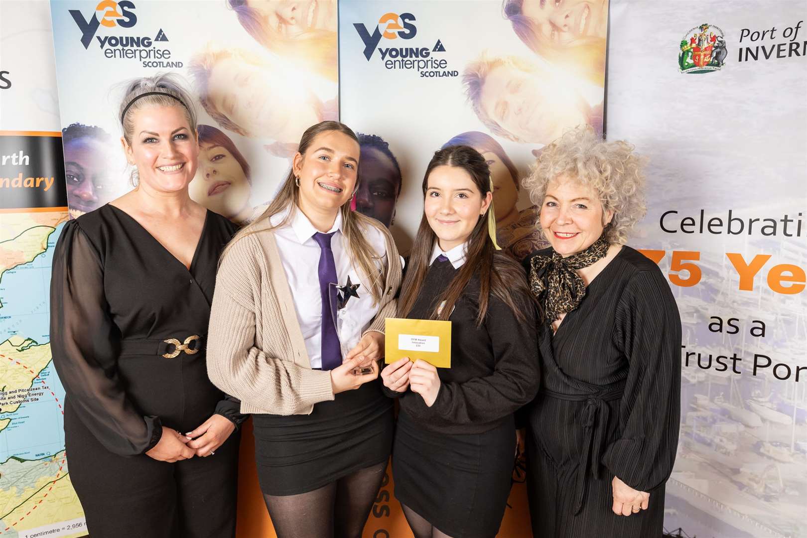Culloden Academy (left to right): Kirsty Hunter from category sponsor DYW Inverness & Central Highlands, Lily Craig-Gould, Jessica Streeter-Smith, Nell Rodger from DYWICH.