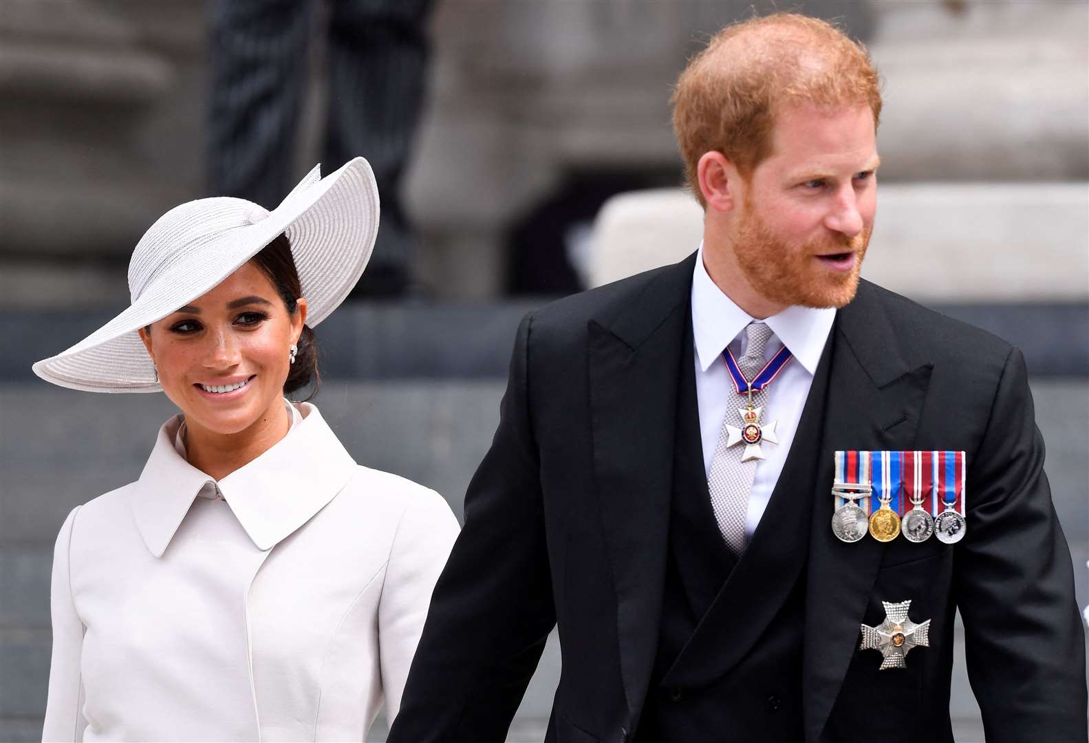 The Duke and Duchess of Sussex after the National Service of Thanksgiving at St Paul’s Cathedral on day two of the Platinum Jubilee celebrations (PA)