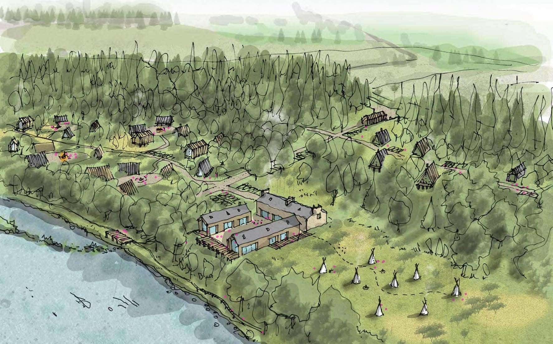 The proposed lodges on Dame Ann Gloag's estate at Beaufort Castle near Beauly.