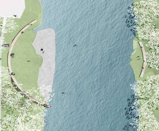 A bird's eye view of the artist's concept of the My Ness development with curved walls either side of the river.
