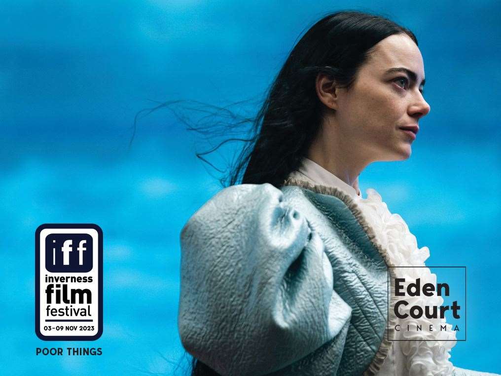Emma Stone in Poor Things on the front cover of last year's Inverness Film Festival. The film is nominated for several Oscars.