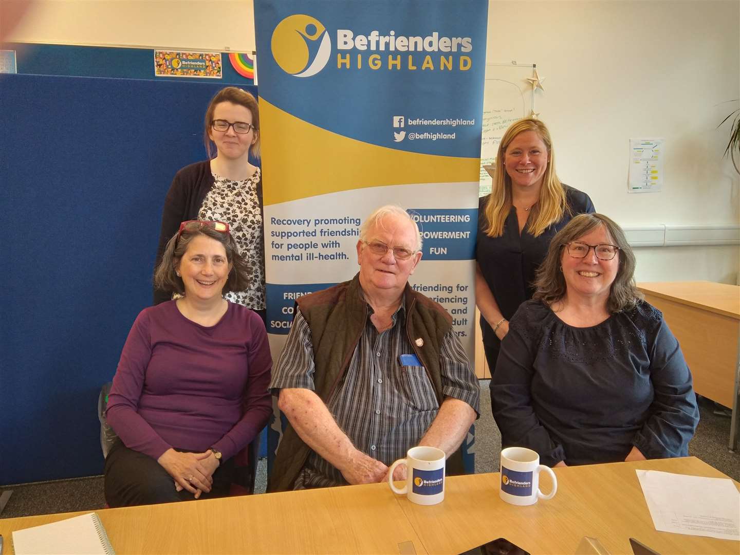 Befrienders Highland Fundraising Sub-Group, from left to right Sarah Southcott, Administrator, Margaret Grant, Fundraising Coordinator, Bill Whyte, Volunteer and BHL Ambassador, Jo Page, Board Director, and Susan White, Executive Director.