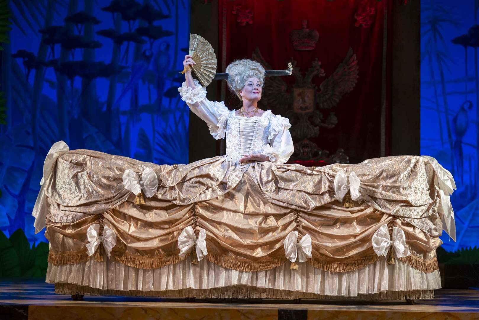 Yvonne Howard as the Duchess of Plaza-Toro in her stunning dress (on wheels)! in The Gondoliers.