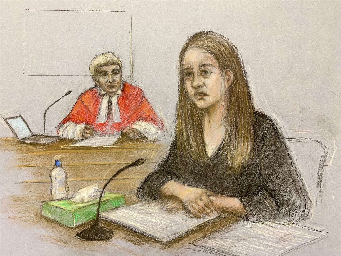 Court artist sketch Lucy Letby giving evidence at Manchester Crown Court (Elizabeth Cook/PA)
